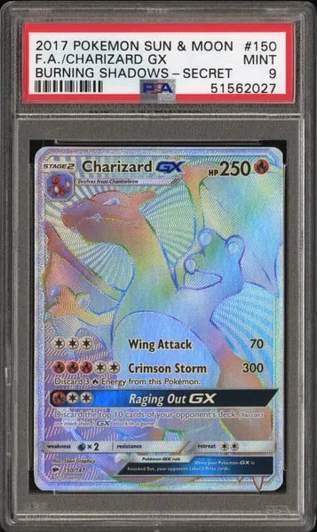 Charizard GX 150/147 Rainbow Rare graded PSA 9, Cardze Gold Pokémon pack