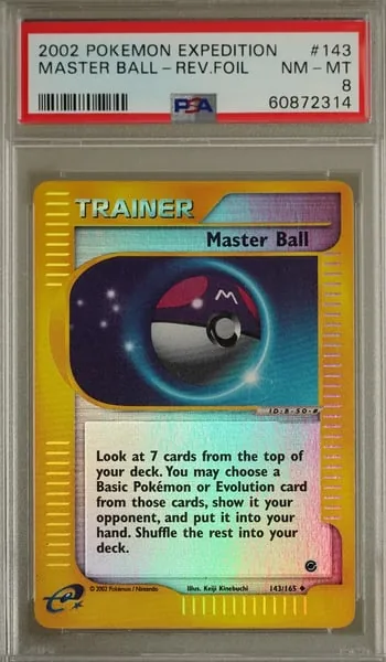 Master Ball 143/165 Expedition reverse foil graded PSA 8, Cardze Gold Pokémon pack